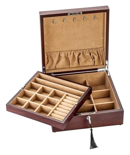 GSUNLEO Schmuck-Organizer-Box, Schmuckkästchen, Holz-Schmucktruhe, 2 Ebenen, mit Metallschloss, Schmuck-Organizer, einfache Desktop-Aufbewahrungsbox for Schmuck, Schmuckschatulle for Frauen von GSUNLEO