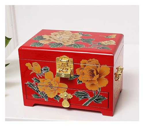 GSUNLEO Schmuck-Organizer-Box, Schmuckschatulle, antike Schmuckschatulle, orientalische Schmuckschatulle aus Holz, Aufbewahrung mit rotem Lackspiegel, handbemalt, Geschenk for Freunde der Familie von GSUNLEO