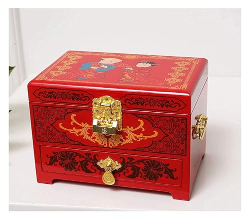 GSUNLEO Schmuck-Organizer-Box, Schmuckschatulle, antike Schmuckschatulle, orientalische Schmuckschatulle aus Holz, Aufbewahrung mit rotem Lackspiegel, handbemalt, Geschenk for Freunde der Familie von GSUNLEO