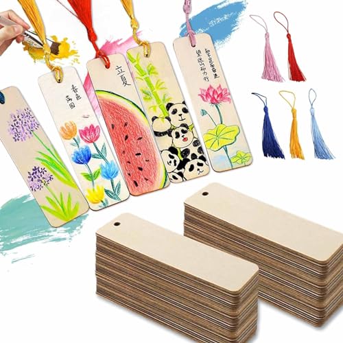 100 Stücke Bunten Quasten Rechteck Leeres Lesezeichen Papier Set,Holz Lesezeichen 50 Stück,Bunten Quasten 50,Mit Löchern Für Diy Lesezeichen Holz Handwerk Geschenke Tag von GTDOOCE