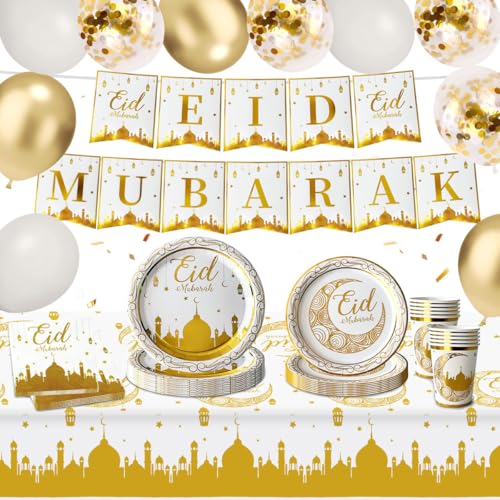 GTJEOI Eid Mubarak Party Dekoration Set, 52 Stück Ramadan Kareem Party Dekoration, Partygeschirr Eid Mubarak mit Papierteller, Becher, Servietten, Luftballons, Banner, Ramadan Deko Partygeschirr von GTJEOI