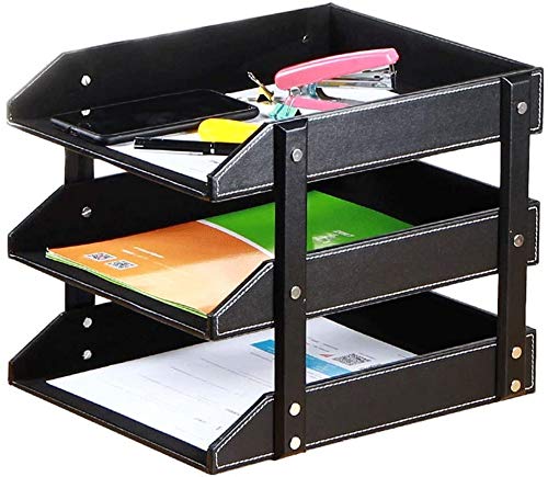 GTJF Aktenregal Hölzerner Speichersystem Set von 3 Buchstaben Fächern für das Büro Stapelbare Ablagefächer für Buchstaben Leder-Look-Dokumente (Color : Black) von GTJF