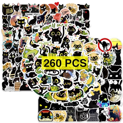 GTOTd Black Cat Sticker Katze Aufkleber (260 Stück) Cute Animal Geschenke Merch für Laptop Wasserflasche Telefon Zubehör Auto Stoßstange Fenster Helm Dekor Teens von GTOTd