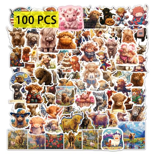 GTOTd Highland Cow Sticker Aufkleber (100 Stück) Gifts Geschenke Animal Merch Vinyl Decals Party Supplies für Laptop Wohnzimmer Skateboard Graffiti Teens von GTOTd