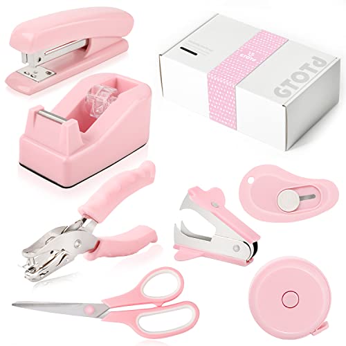 GTOTd Pink Rosa Desk Accessories Kit enthält Desktop Hefter, Hefter entfernen, Locher, Klebebandspender, Edelstahlschere, kleines Teleskopmesser und Bandmaß von GTOTd