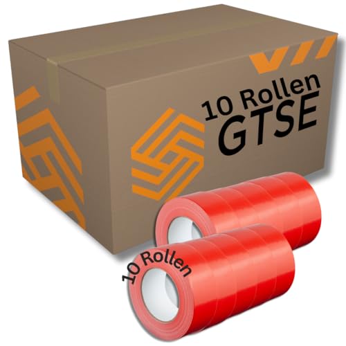 GTSE - Gewebeband Rot - 48 mm x 50 m - 10 Rollen - strapazierfähiges Panzerband - wasserdichtes Klebeband zum Reparieren, Befestigen, Bündeln, Verstärken und Abdichten von GTSE