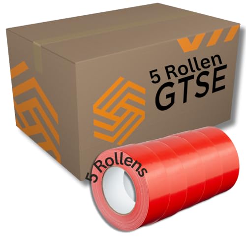 GTSE - Gewebeband Rot - 48 mm x 50 m - 5 Rollen - strapazierfähiges Panzerband - wasserdichtes Klebeband zum Reparieren, Befestigen, Bündeln, Verstärken und Abdichten von GTSE