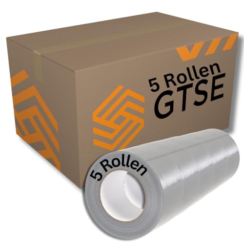 GTSE - Gewebeband Silber - 75 mm x 50 m - 5 Rollen - strapazierfähiges Panzerband - wasserdichtes Klebeband zum Reparieren, Befestigen, Bündeln, Verstärken und Abdichten von GTSE