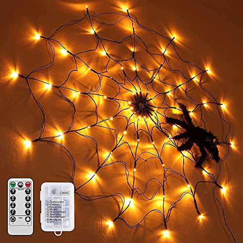 96 LED Halloween Spinnennetz Lichter, 8 Modi mit Fernbedienung Schwarze Spinnennetz Lichter mit Haariger Spinne für Beleuchtete Halloween Dekorationen,Wand,Garten＆ Spukhaus Halloween Dekor【Warmwe】 von GTYYBH