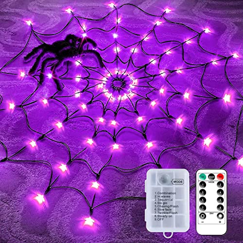 GTYYBH Halloween Spinnennetz Lichter mit 96 LED, 8 Modi Schwarze Spinnennetz Lichter mit Haariger Spinne für Beleuchtete Halloween Dekorationen,Wand,Garten,Hof Dekor＆Spukhaus Halloween Dekor【Violett】 von GTYYBH