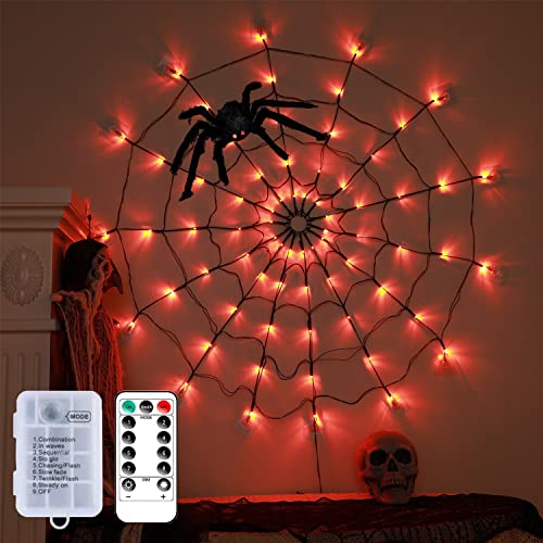 Halloween Spinnennetz Lichter, 8 Modi mit Fernbedienung Schwarze Spinnennetz Lichter mit Haariger Spinne für Beleuchtete Halloween Dekorationen,Wand,Garten,Hof Dekor ＆ Spukhaus Halloween Dekor【Orange】 von GTYYBH