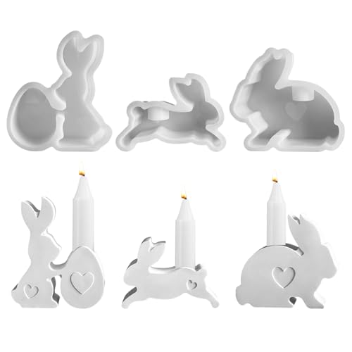 GUAHKUN Hase Kerzenhalter Silikonform, 3 Stück Silikonformen Gießformen Ostern, Silikonform Hase für Gips, 3D Hase Kerzen Silikonformen, DIY Silikonform Kerzenhalter Ostern (A) von GUAHKUN