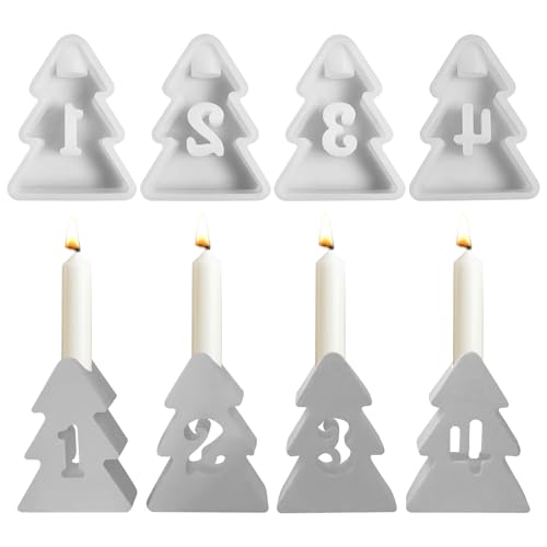 GUAHKUN Kerzenhalter Silikonform Weihnachtsbaum, 4 Stück Silikonformen Gießformen Weihnachten, Kerzenständer Dekoration im Weihnachtsbaum Zahlen 1-4, Weihnachten Kerzenformen zum Gießen von GUAHKUN