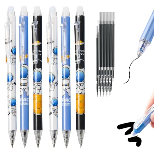 Radierbarer Kugelschreiber Stifte Set, 6 StüCk Radierbarer Kugelschreiber Cartoon Löschbarer Stift Mit 15 Ersatzminen, 0.5Mm Kugelschreiber Radierbar Für Studenten,Zeichnen,Bürobedarf (Schwarz) von GUAHKUN