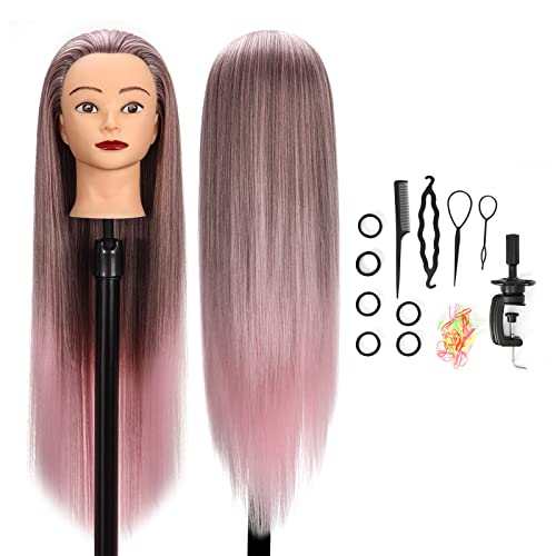 GUANJUNE Schaufensterpuppe Kopf, Friseur Trainingskopf Friseur,26-28 Zoll 100% Kunstfaser Kosmetik Puppenkopf mit Klemmhalter + Haaraccessoires Set,Geschenke für Mädchen (Farbverlauf Pink) von GUANJUNE