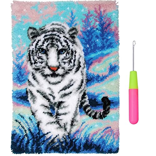 GUARDUU Knüpfen Knüpfteppich Mit Farbig Bedruckter Leinwand, DIY-Häkelgarn-Kits Mit Vorgeschnittenen Garnen, Unvollendet Knüpfkissen Kits Für Die Fußmatte Zu Hause, Tiger,110x78cm/ 43.3"x30.7" von GUARDUU