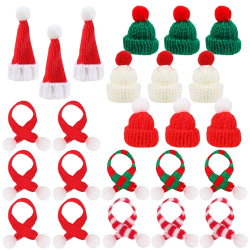 GUBOOM 24 Stück Mini-Weihnachtsmütze und Mini-Schal Set, Mini Mützen Zum Basteln, Mini Schal, Mützen Für Sorgenwürmchen, Lutscherhut, Mini-Strickmütze Des Weihnachten, Weihnachtsfeiern von GUBOOM