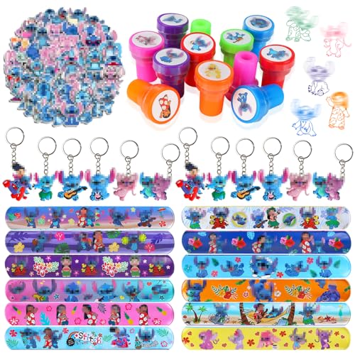 GUBOOM 86Pcs Sti-tch Party Mitgebsel, 12 Pcs Sti-tch Slap Armbänder Clap Bracelets+12Pcs Sti-tch Schlüsselanhänger+50Pcs Aufkleber+12Pcs Sti-tch Stempel Kinder, Sti-tch Geburtstagkinder Deko von GUBOOM