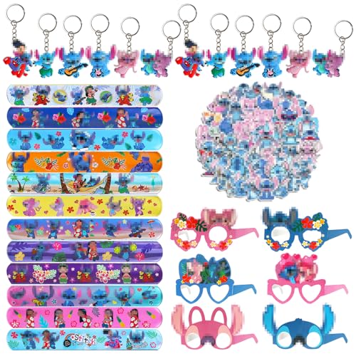 GUBOOM 86Pcs Sti-tch Party Mitgebsel, 12 Pcs Sti-tch Slap Armbänder Clap Bracelets+12Pcs Sti-tch Schlüsselanhänger+50Pcs Aufkleber+12Pcs Sti-tch kinder Masken, Sti-tch Geburtstagkinder Deko von GUBOOM