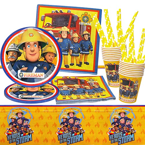 GUBOOM Feuerwehrmann Sam Partygeschirr, Fireman Sam Geschirr Set, 73Pcs Fireman Sam Party Set mit Teller Tasse Tischdecke Servietten Strohhalme von GUBOOM