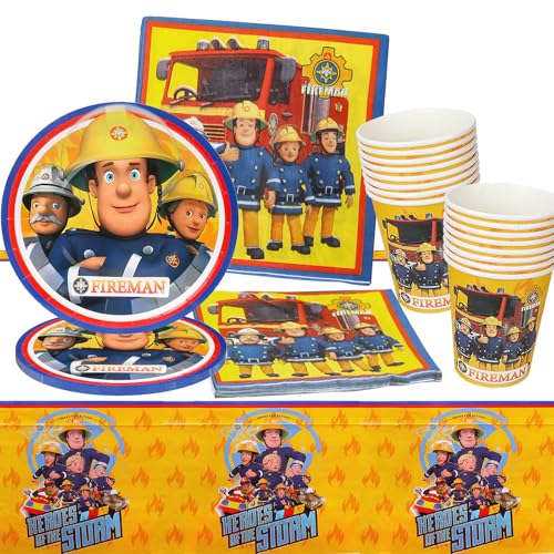 Feuerwehrmann Sam Partygeschirr, Fireman Sam Geschirr Set, 73Pcs Fireman Sam Party Set mit Teller Tasse Tischdecke Servietten von GUBOOM