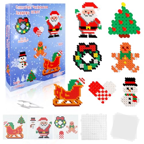 Große 5mm Bügelperlen Weihnachten Set, 1200 Stück XL Steckperlen mit Steckplatte, 9 Bunte Farben XL Bügelperlen, 3 Weihnachten Muster und Bügelpapier, Kreatives Perlenset für Kinder ab 3 Jahren von GUBOOM