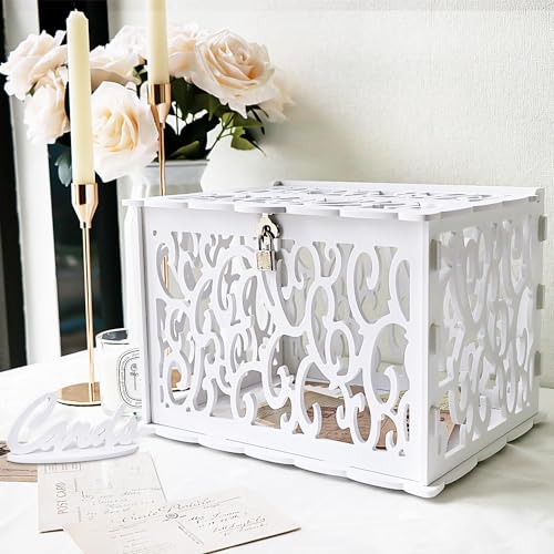 GUDELAK Hochzeits kartenbox PVC hohl Hochzeit Umschlag Box mit Schloss und Kartenschild, verbesserte Sicherheit Spardose Geschenkkarte Box für Hochzeit von GUDELAK