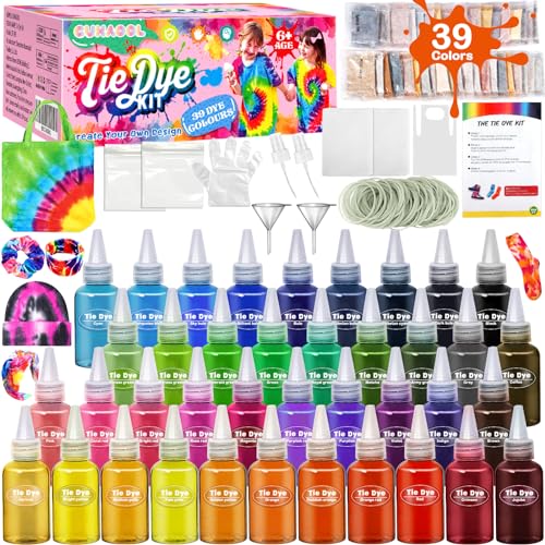 GUHAOOL Batikfarben Set für Kinder,39 Farben Tie Dye Kit Kreative Bastelspiele,Batik-Kit zum Färben von Stoff und Kleidung mit Gummibänder,Handschuhe,DIY Alles-in-Einem Batik-Set für Kinder Erwachsene von GUHAOOL