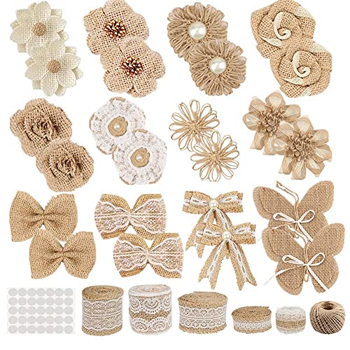 GUIFIER 30PCS Sackleinen-Blumen-Set,einschließlich 24 handgefertigten Sackleinen-Blumen und Schleifenknoten,5 Spitzen-Sackleinen-Bandrollen,1 Schnurband und Klebepunkt für Hochzeitsfeier-Dekor von GUIFIER