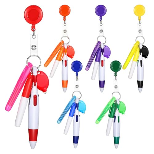 Abzeichenroller, einziehbare Stifte, Clip mit Mini-Textmarker, Krankenschwester-Stift, Neon-Marker, LED-Schlüsselanhänger, Schlüsselanhänger, 6 Stück von GUIJIALY