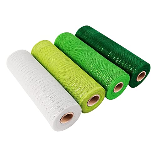 GUIJIALY 4 Rollen 's Day Netzband aus Kunststoff, Grün / Weiß, Drahtkante, 25,4 cm x 9,2 m von GUIJIALY