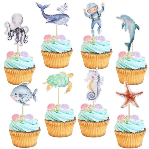 24 Stück Cupcake Topper, Thema Tortendeko Geburtstag, Cupcake Dekoration, Meeresfisch Muffin Deko für Kinder Party, Geburtstag Party, Baby Shower von GUIZIYAO