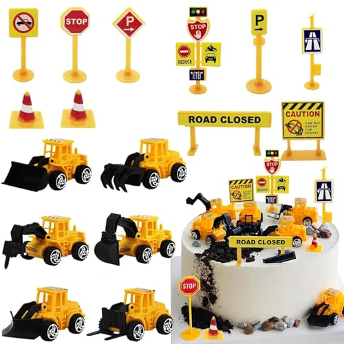 Bagger Tortendeko, 16 Stück Kuchen Deko Baustelle Set, Verkehrsschilder Spielzeug, Bagger Kuchen deko Auto, Baufahrzeug Cupcake Topper, für Kinder Geburtstag Party Dekoration von GUIZIYAO