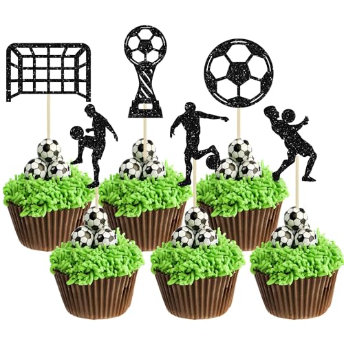 Fußball Kuchen Deko, 24 Stück Fußball Geburtstag Tortendeko, Fussball Cake Topper, Glitter Sport Fußball Kuchendekoration, fussball deko geburtstag kinder, Geschenke für Party Torten Deko von GUIZIYAO