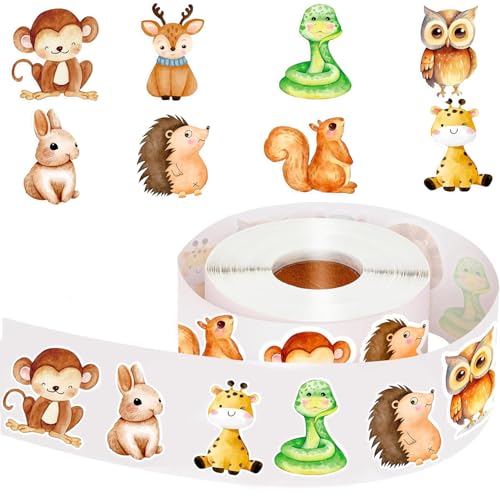 Tier Aufkleber, 500 Stück Aufkleber Tiere Kinder, mit 8 Cartoon-Tiermotiven, Tiersticker Selbstklebend, Belohnungsaufkleber Rolle, für Scrapbooking, DIY Handwerk, Geschenke für Kind von GUIZIYAO