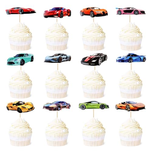 Tortendeko Auto, 24 Stück Cupcake Toppers, Geburtstag Tortendeko Cars, Tortendeko Kindergeburtstag, Tortendeko Auto Geburtstagstorte, für Motto Party, Babyparty, Geburtstag Partyzubehör von GUIZIYAO