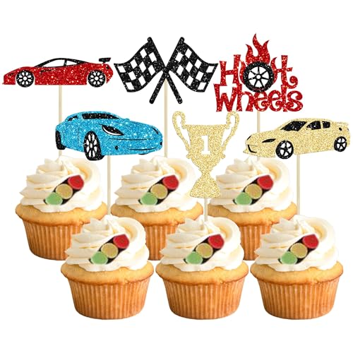 Tortendeko Auto, Tortendeko Auto Geburtstagstorte, 24 Stück Cupcake Toppers, Geburtstag Tortendeko Cars, Tortendeko Kindergeburtstag, für Motto Party, Babyparty, Geburtstag Partyzubehör von GUIZIYAO