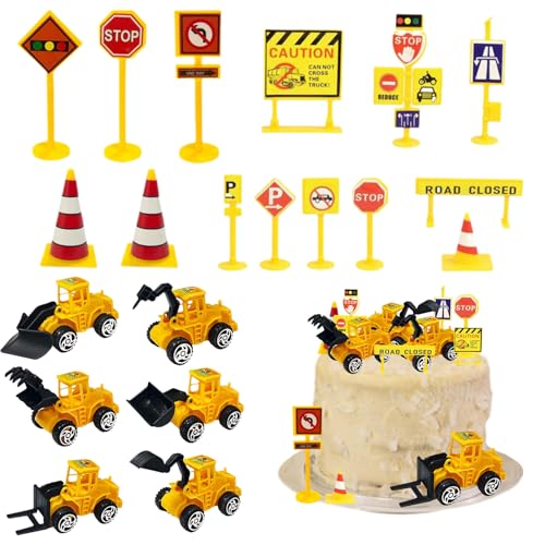 Tortendeko Baustelle, 20 Stück Bagger Kuchendeko, Baustellenfahrzeuge Verkehrsschilder Kinder, Kunststoff Bagger Spielzeugauto, Bagger Cake Topper, Baustellen Fahrzeuge Tortendeko von GUIZIYAO