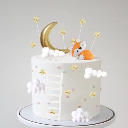 Tortendeko Geburtstag, Füchse Tortendeko Geburtstag, Weiße Wolke Kuchendeckel, Cake Topper Geburtstag mit Wolke, Sterne, Mond, Leiter, Fuchs, für Mädchen Junge Geburtstagsparty von GUIZIYAO