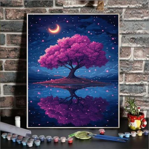 Malen Nach Zahlen Baum, Malen Nach Zahlen Kinder Mond, DIY Paint by Numbers Adult AnfäNger Handgemalt öLgemäLde Kit Bastelset mit Pinseln und Acrylfarben für Home Decor, Ohne Rahmen 40x50cm VJ-E von GUKUGEKO