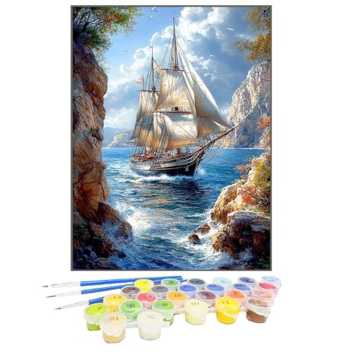 Malen Nach Zahlen Boot, Malen Nach Zahlen Kinder Meer, DIY Paint by Numbers Adult AnfäNger Handgemalt öLgemäLde Kit Bastelset mit Pinseln und Acrylfarben für Home Decor, Ohne Rahmen 50x65cm O6-T von GUKUGEKO