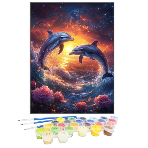 Malen Nach Zahlen Delphin, Malen Nach Zahlen Kinder Blume, DIY Paint by Numbers Adult AnfäNger Handgemalt öLgemäLde Kit Bastelset mit Pinseln und Acrylfarben für Home Decor, Ohne Rahmen 100x135cm EP-O von GUKUGEKO