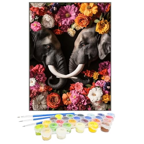 Malen Nach Zahlen Elefant, Malen Nach Zahlen Kinder Blume, DIY Paint by Numbers Adult AnfäNger Handgemalt öLgemäLde Kit Bastelset mit Pinseln und Acrylfarben für Home Decor, Ohne Rahmen 30x40cm D9-2 von GUKUGEKO