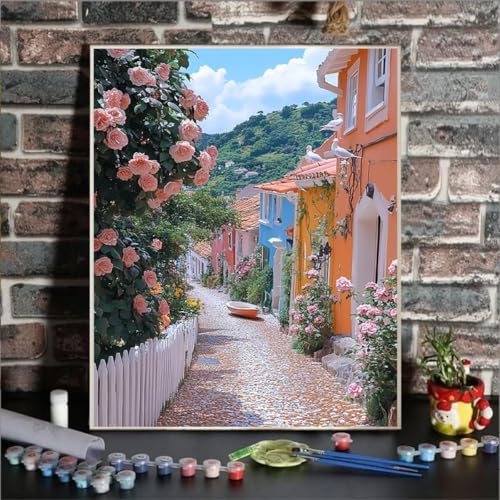 Malen Nach Zahlen Erwachsene Blume, Paint by Numbers Kleine Stadt DIY mit Pinseln und Acrylfarben Handgemalt öLgemäLde Leinwand für Kreative Heimdekoration Geschenke Frauen, Ohne Rahmen 100x135cm 43-8 von GUKUGEKO