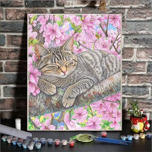 Malen Nach Zahlen Erwachsene Katze, Paint by Numbers Blume DIY mit Pinseln und Acrylfarben Handgemalt öLgemäLde Leinwand für Kreative Heimdekoration Geschenke für Frauen, Ohne Rahmen 40 x 50 cm 5K-7 von GUKUGEKO