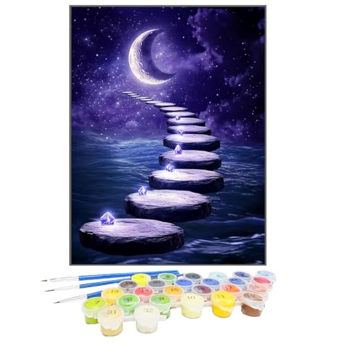 Malen Nach Zahlen Erwachsene Mond, Paint by Numbers BrüCke DIY mit Pinseln und Acrylfarben Handgemalt öLgemäLde Leinwand für Kreative Heimdekoration Geschenke für Frauen, Ohne Rahmen 30x40 cm N7-S von GUKUGEKO