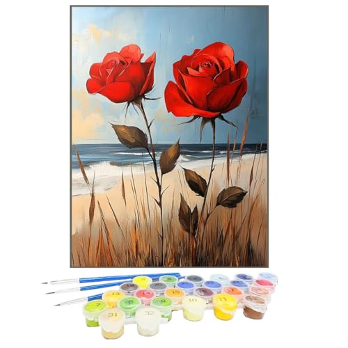 Malen Nach Zahlen Erwachsene Rose, Paint by Numbers Pflanze DIY mit Pinseln und Acrylfarben Handgemalt öLgemäLde Leinwand für Kreative Heimdekoration Geschenke für Frauen, Ohne Rahmen 20 x 30 cm 29-T von GUKUGEKO