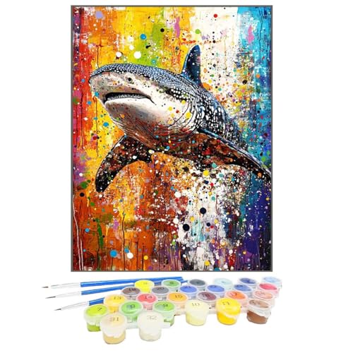 Malen Nach Zahlen Hai, Malen Nach Zahlen Kinder Tier, DIY Paint by Numbers Adult AnfäNger Handgemalt öLgemäLde Kit Bastelset mit Pinseln und Acrylfarben für Home Decor, Ohne Rahmen 20x30cm 6C-B von GUKUGEKO