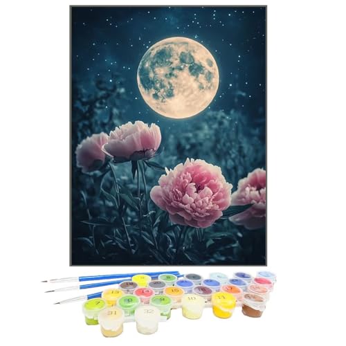 Malen Nach Zahlen Mond, Malen Nach Zahlen Kinder Blume, DIY Paint by Numbers Adult AnfäNger Handgemalt öLgemäLde Kit Bastelset mit Pinseln und Acrylfarben für Home Decor, Ohne Rahmen 50x70cm HW-5 von GUKUGEKO