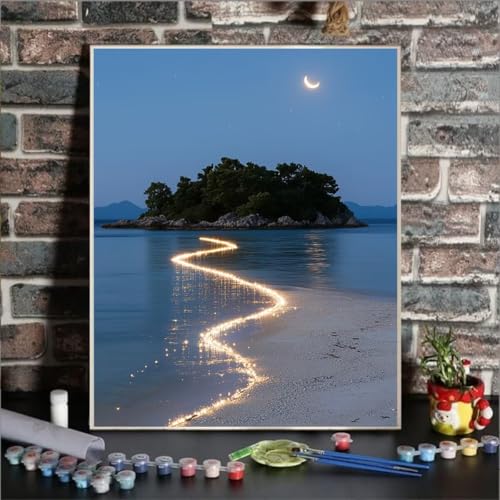 Malen Nach Zahlen Mond, Malen Nach Zahlen Kinder See, DIY Paint by Numbers Adult AnfäNger Handgemalt öLgemäLde Kit Bastelset mit Pinseln und Acrylfarben für Home Decor, Ohne Rahmen 20x30cm LS-6 von GUKUGEKO